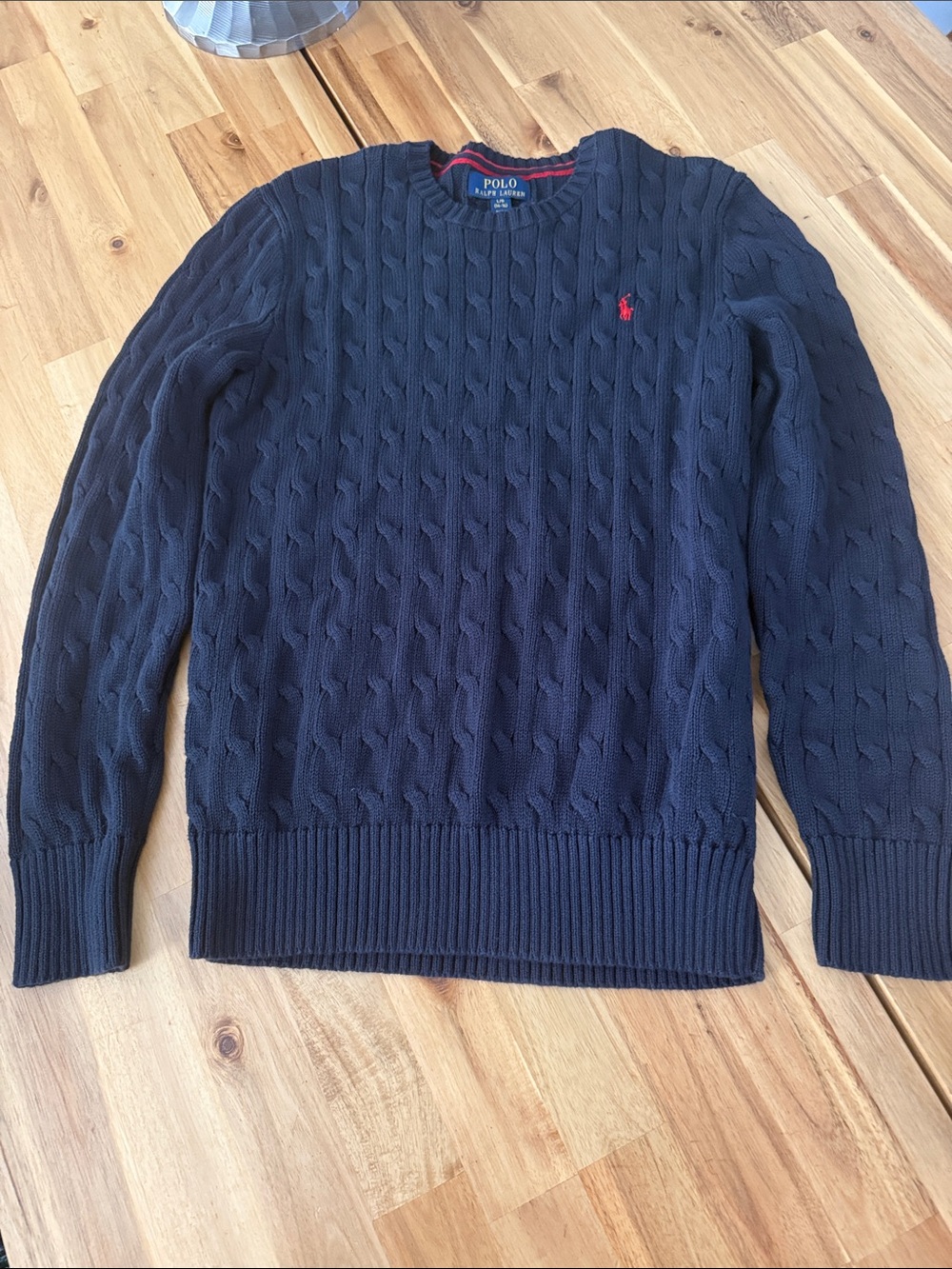 Polo by Ralph Lauren Navy Cable Knit Crew Sweater with Red Pony